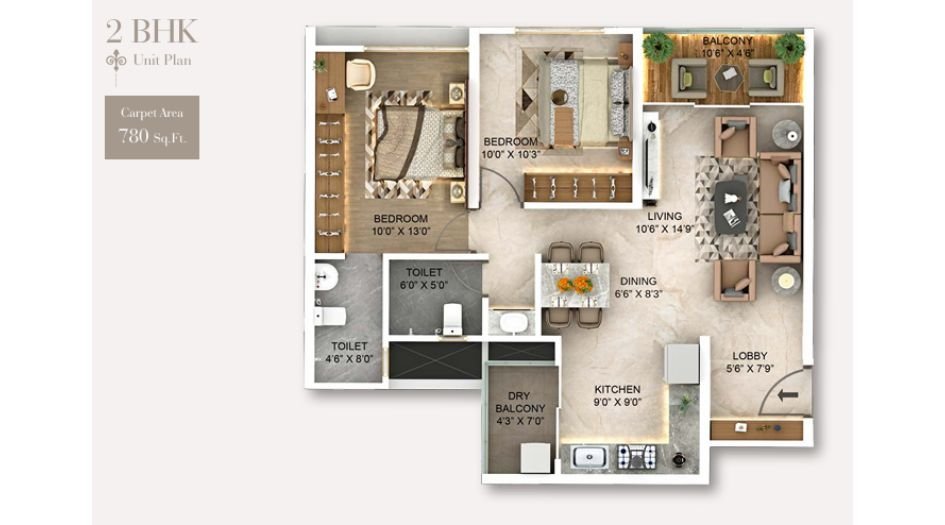 Majestique-New-Friend-Floor-Plan-2 BHK- 780 Sqft